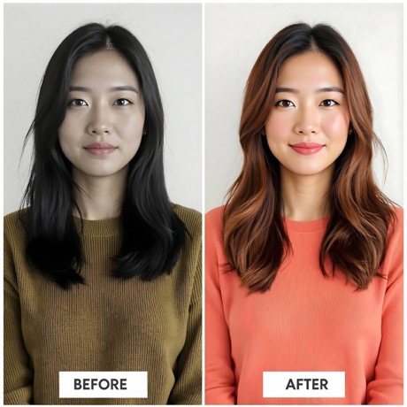 Before and after colour analysis showing how wrong colours wash out skin while right colours create a radiant glow
