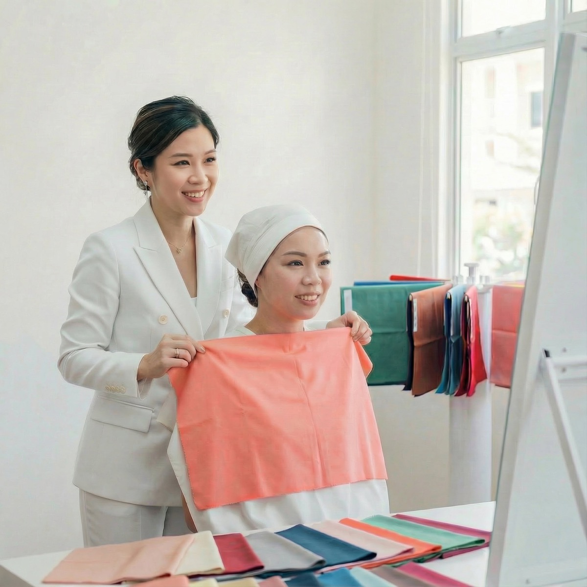 Colour draping process - fabric swatches against skin during colour analysis session
